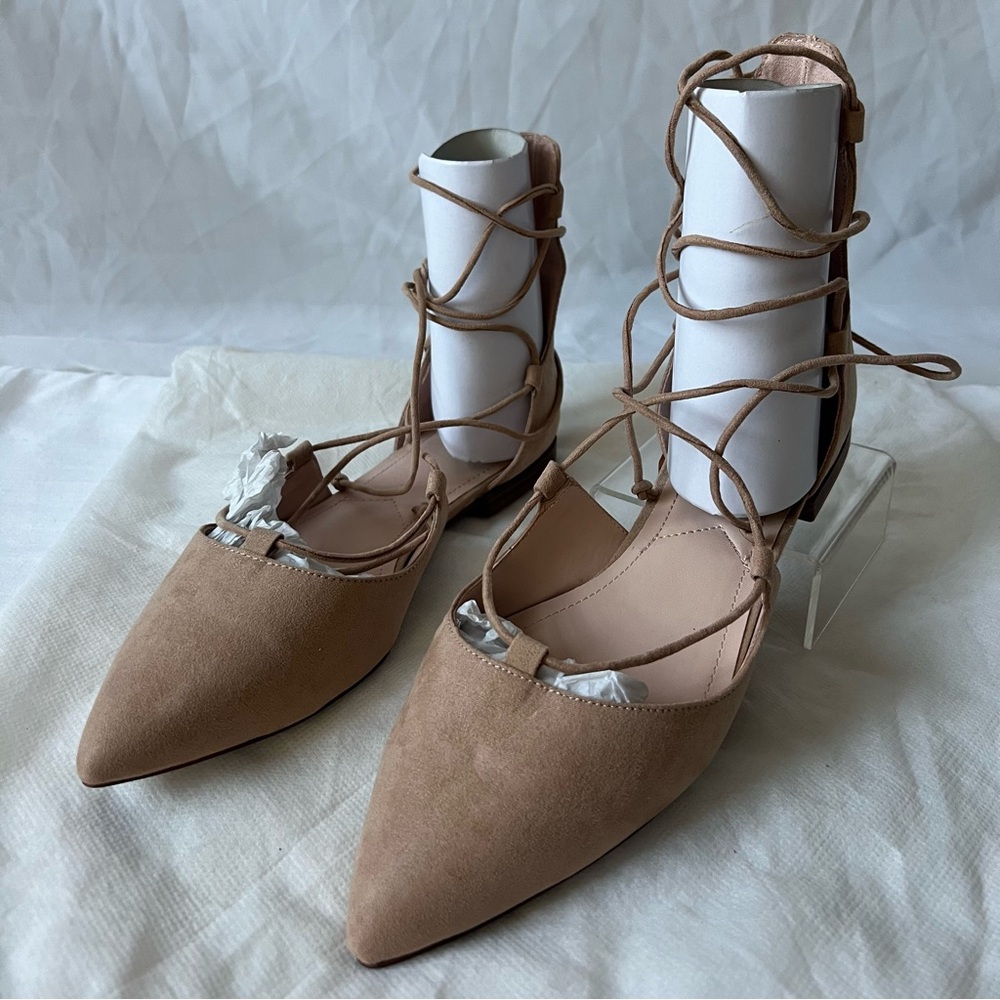 Lace-up nude suede flats
